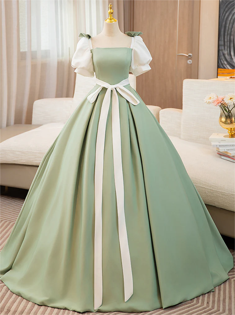 Green Satin Long Prom Dress With Puff Sleeves,Green Evening Dress ,Y2458 main image 1