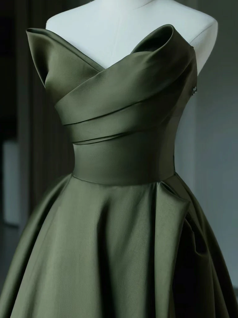 A Line V Neck Green Satin Long Prom Dresses, Backless Green Long Formal Evening Dresses