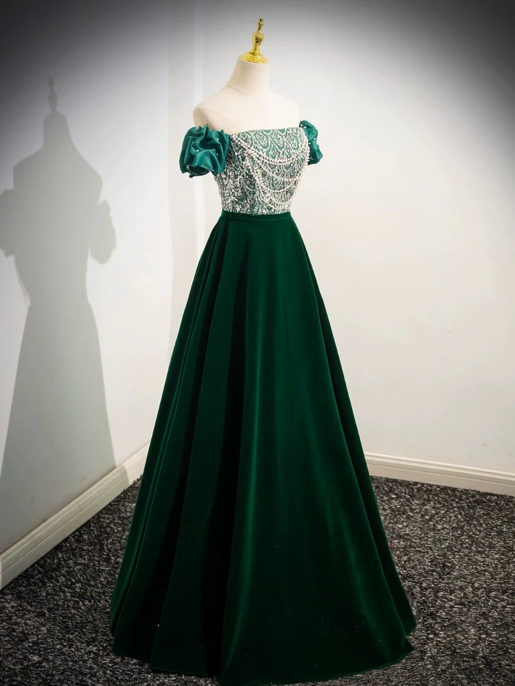 Prom Dress,a-line Velvet Sequin Beads Green Long Prom Dress, Velvet Green  Long Formal Dress on Luulla