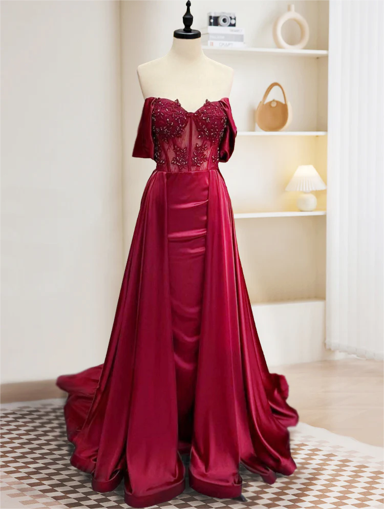 A-Line Puff Sleeves Satin Burgundy Long Prom Dress, Burgundy Long Formal Dress main image 1