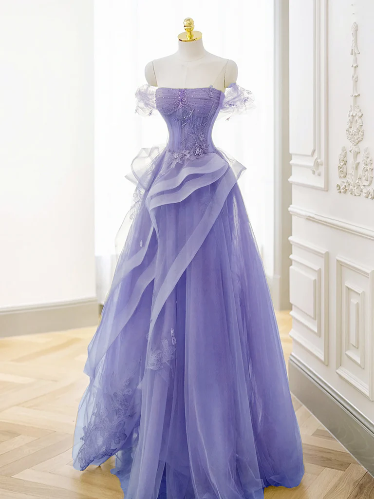 Stores With Prom Dresses Off-the-shoulder Tulle And Lace Evening Dress With Hand-sewn Formal Wear Dresses With Hight Slit