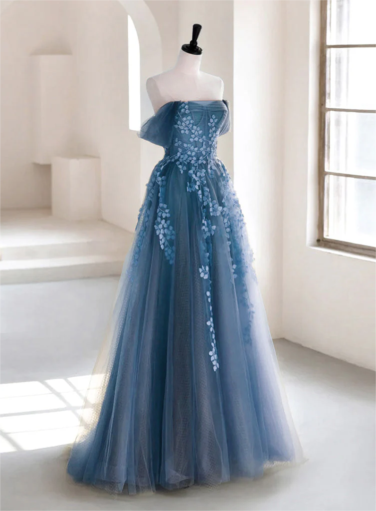 strapless open back dress Yeji Blue Grey Sparkly Maxi Dress w/ Embroidery main image 1