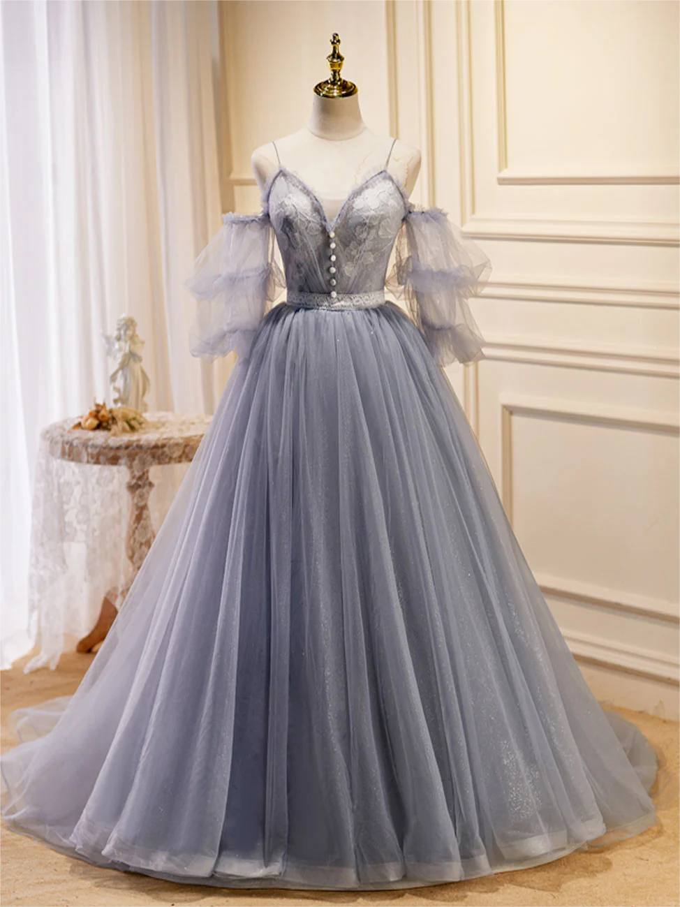 Prom Dress,gray Blue A-line Tulle Lace Long Prom Dresses, Gray