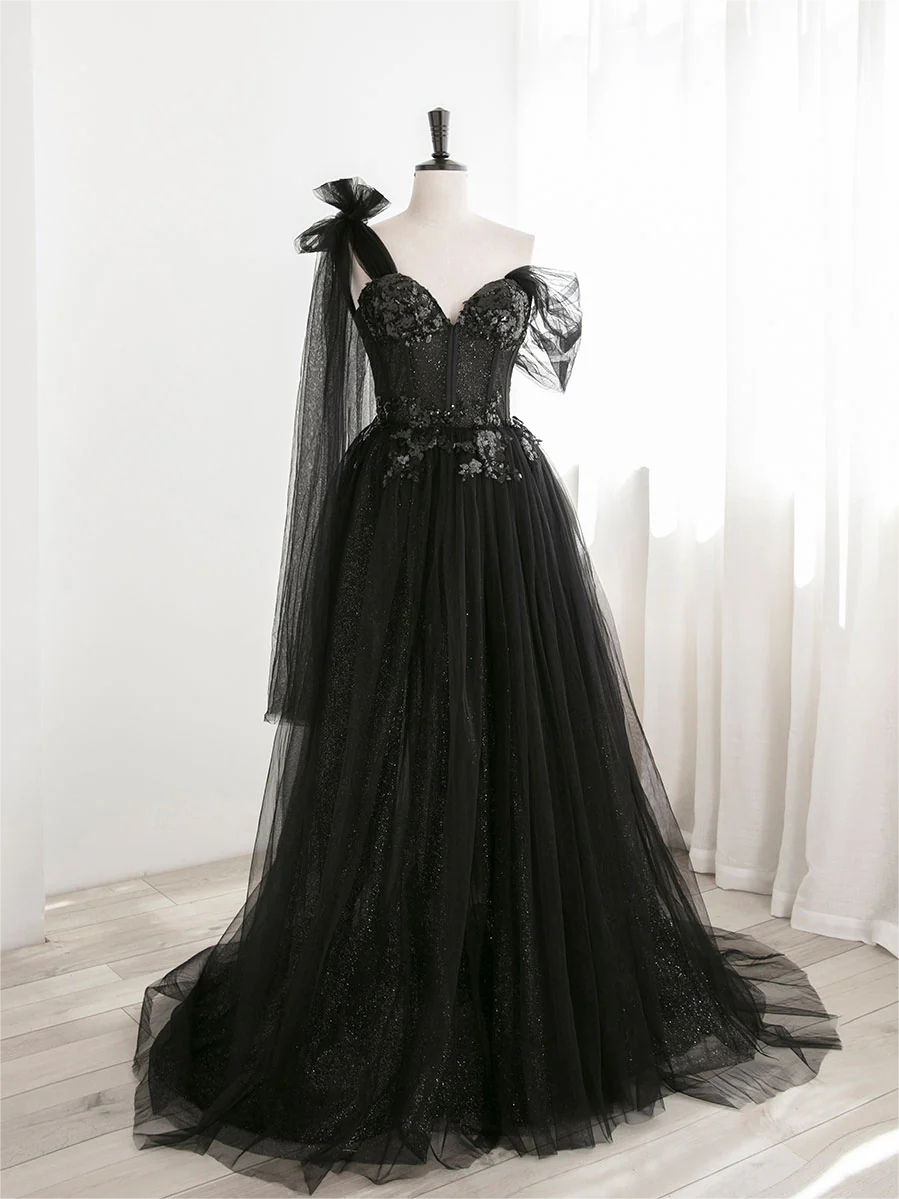 Prom Dress,Black A Line One Shoulder Tulle Long Prom Dresses, Black Tulle Formal Dresses