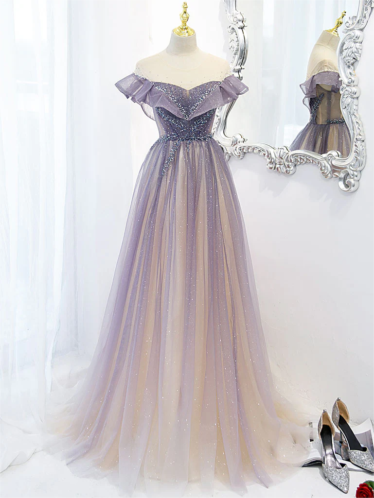 Prom Dress,purple Off Shoulder Tulle Sequin Long Prom Dress, Purple Evening Dress