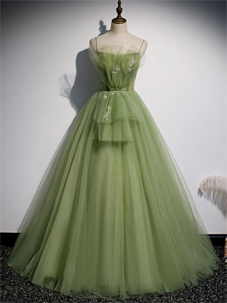 Prom Dress,aline Tulle Green Long Prom Dresses, Green Formal Graduation Dress With Beading