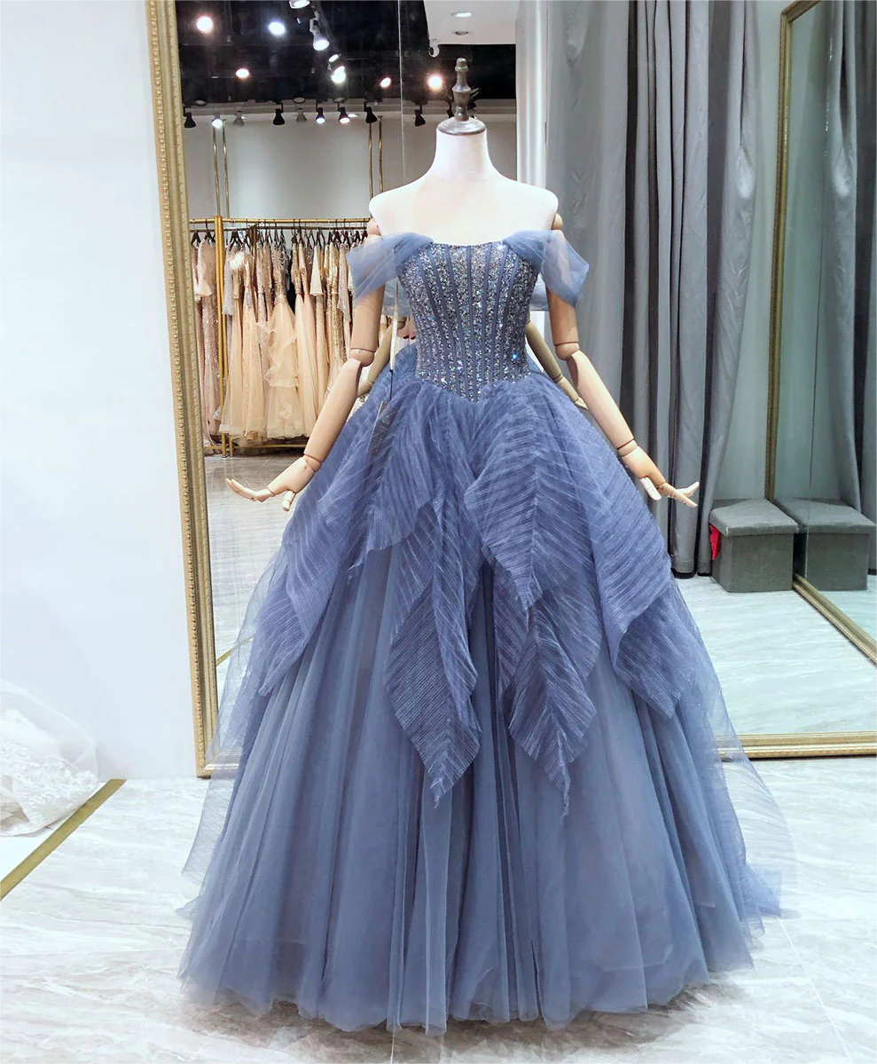 Prom Dress,blue Sweetheart Neck Tulle Beads Sequin Long Prom Dress,blue Graduation Dress Prom Dress,blue Sweetheart Neck Tulle Beads Sequin Long Prom Dress,blue Graduation Dress