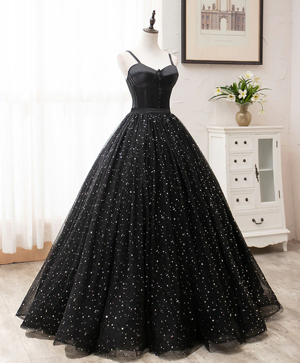 Black Tulle and Satin Short Sleeves Sweetheart Party Dress, Black Long Prom Dress Sweet 16 Dress