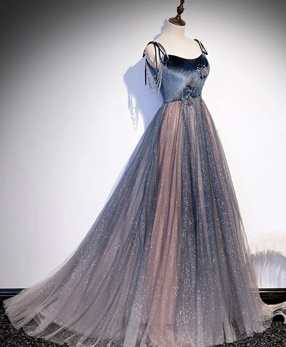 blue tulle sequin long prom dress,DS4365