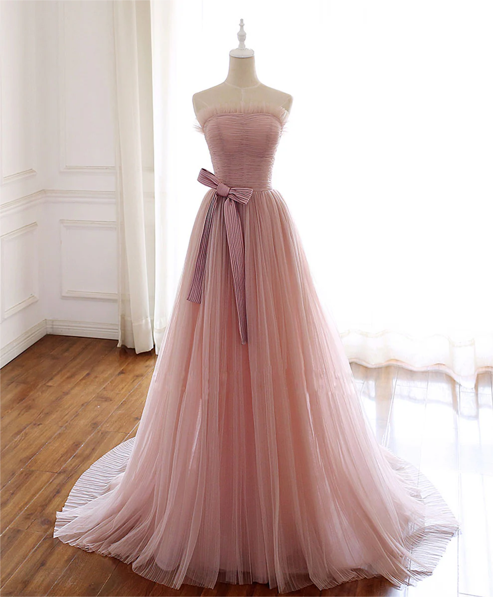 Lovely Pink Tulle Long Prom Dress with Bow Pink Formal Dresses prom dresses shops main image 0