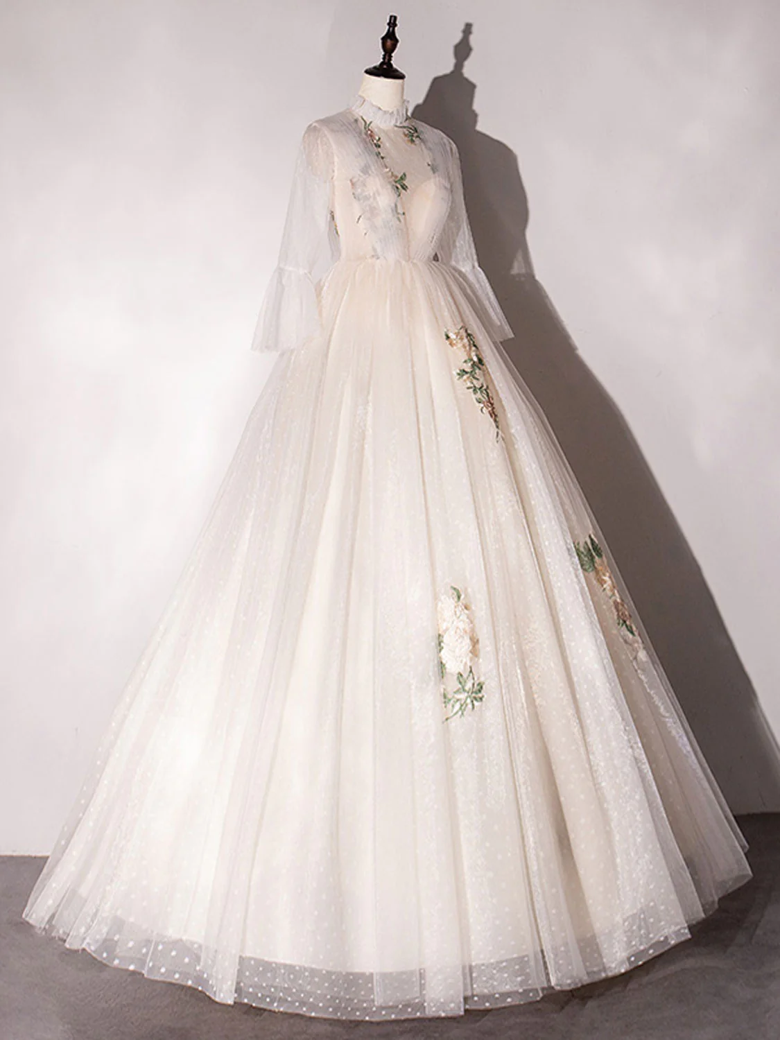 Champagne Tulle Fashionable Lace Long Formal Dress Party Dress, A-line Tulle Evening Dress