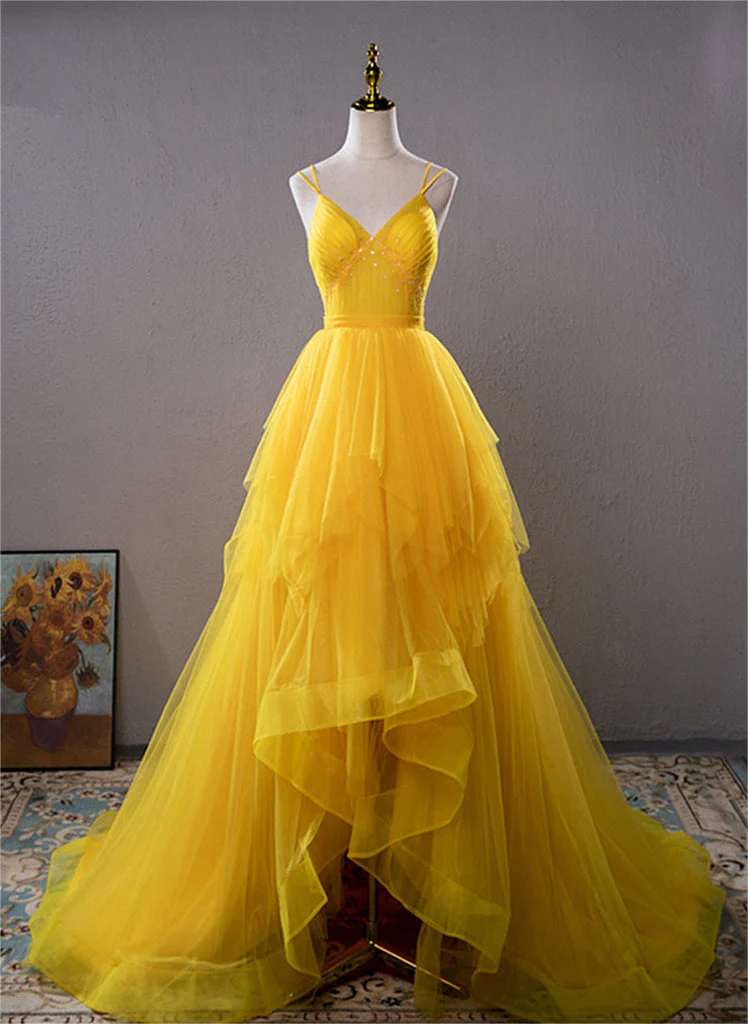 Prom Dress,yellow V Neck High Low Prom Dress Yellow Evening Dress