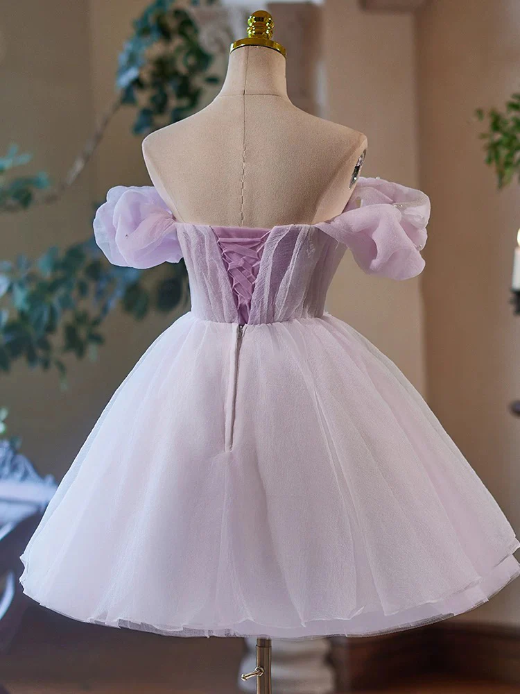 Purple Floral Tulle Short Homecoming Dress with Lace Rhinestones Appliques Y857 main image 1