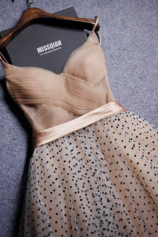Champagne V-neckline Tulle with Lace Party Dress, A-line Tulle Evening Dress main image 1