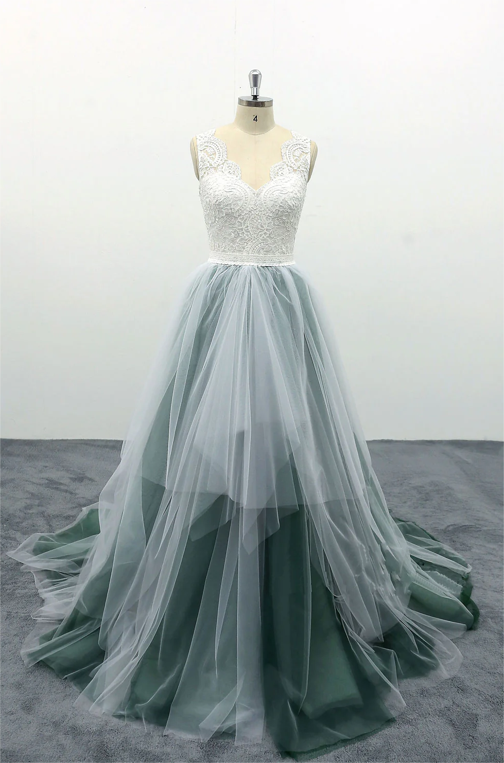 Dark Green Tulle with Lace Beaded Straps Prom Dress, Green Long Formal Dress Party Dress