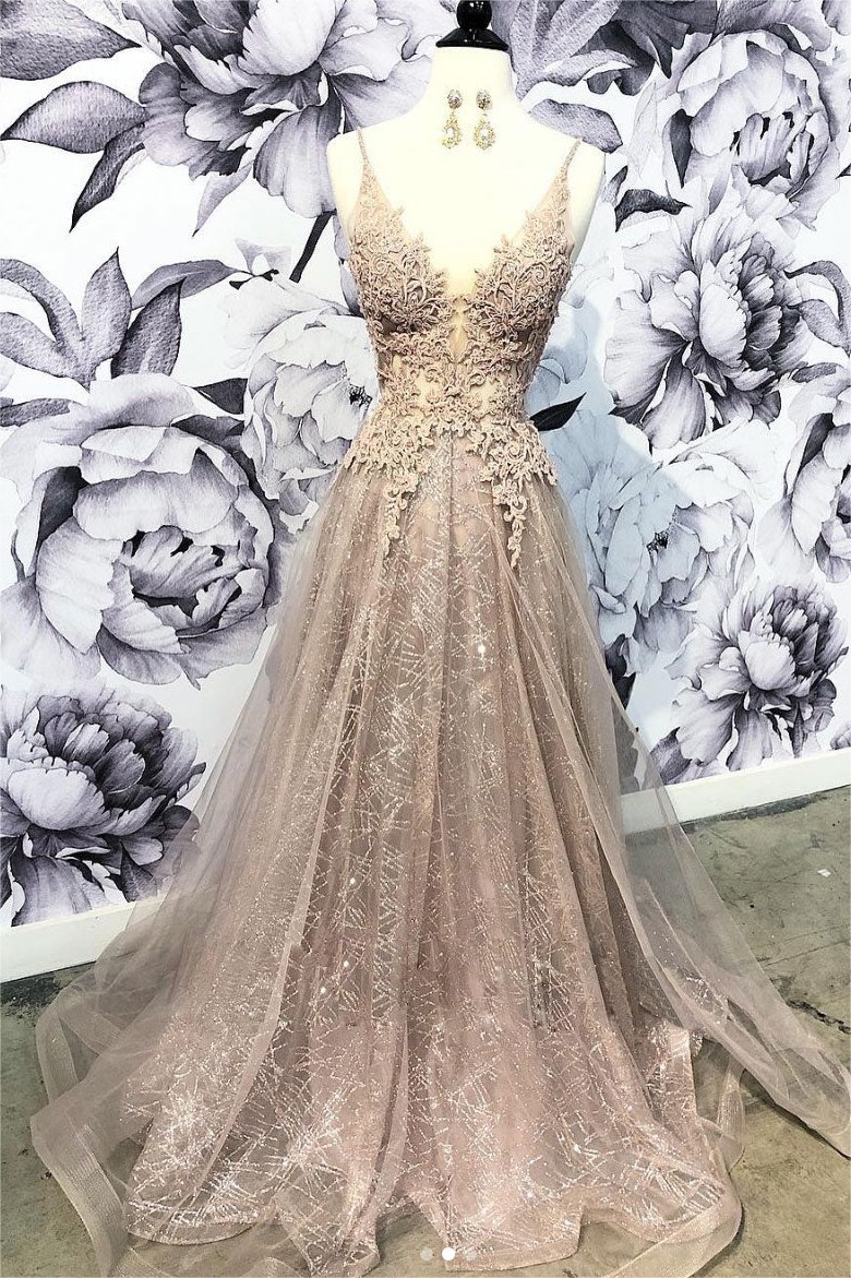 Prom Dress,Champagne V Neck Tulle Lace Long Prom Dress, Champagne Tulle Evening Dress