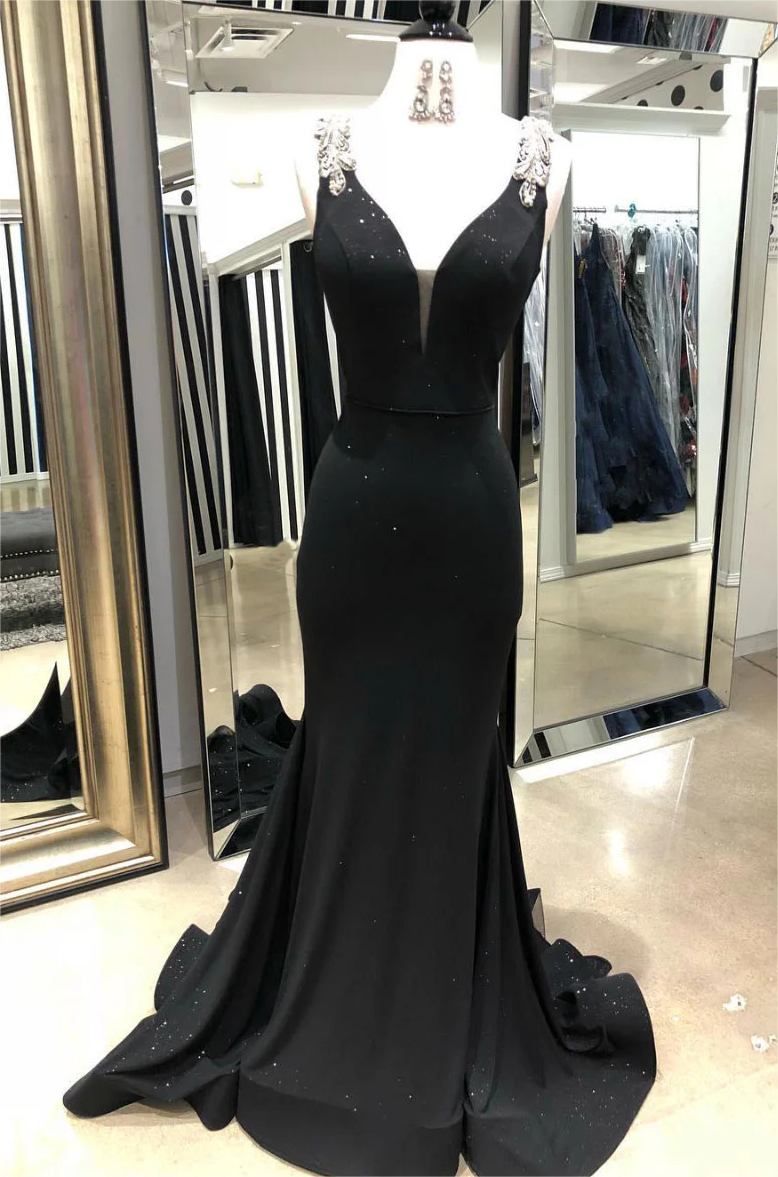 Prom Dress,Black V Neck Mermaid Long Prom Dress, Black Evening Dress