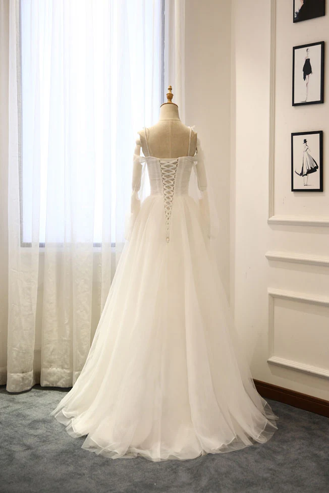 Long Sleeves White Tulle Evening Prom Wedding Dress, Long Sleeves White Tulle Formal Evening Dress