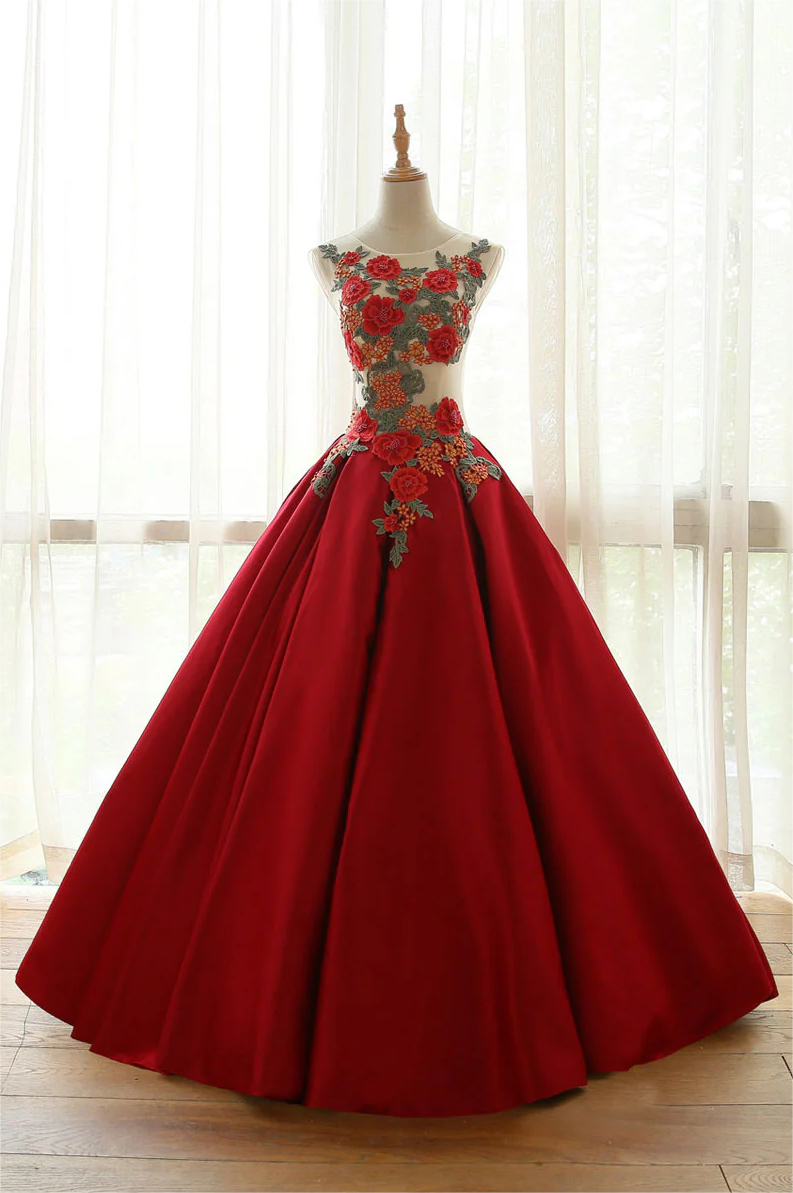 Prom Dress,Burgundy Round Neck Lace Applique Long Prom Dresses