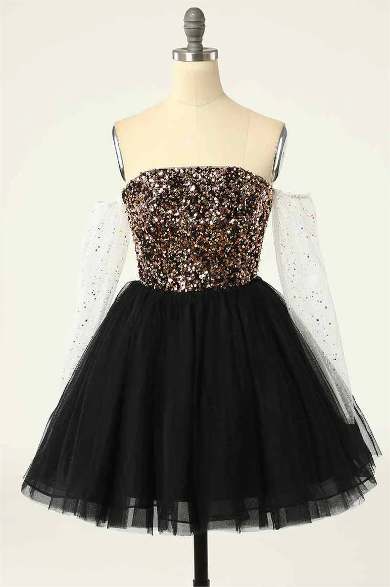 Prom Dress,a-line Off-the-shoulder Long Sleeves Sequins Homecoming Dress