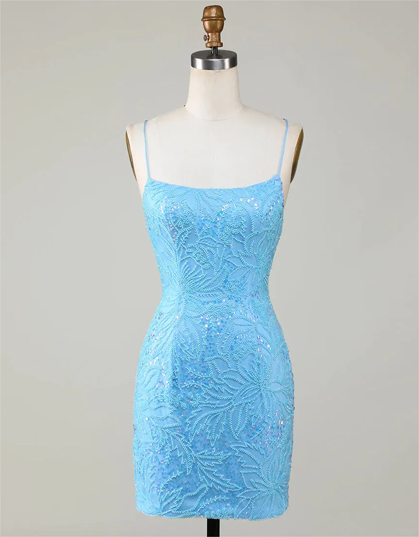 Homecoming Dress 2025,blue Beaded Lace Up Tight Short Homecoming Dress