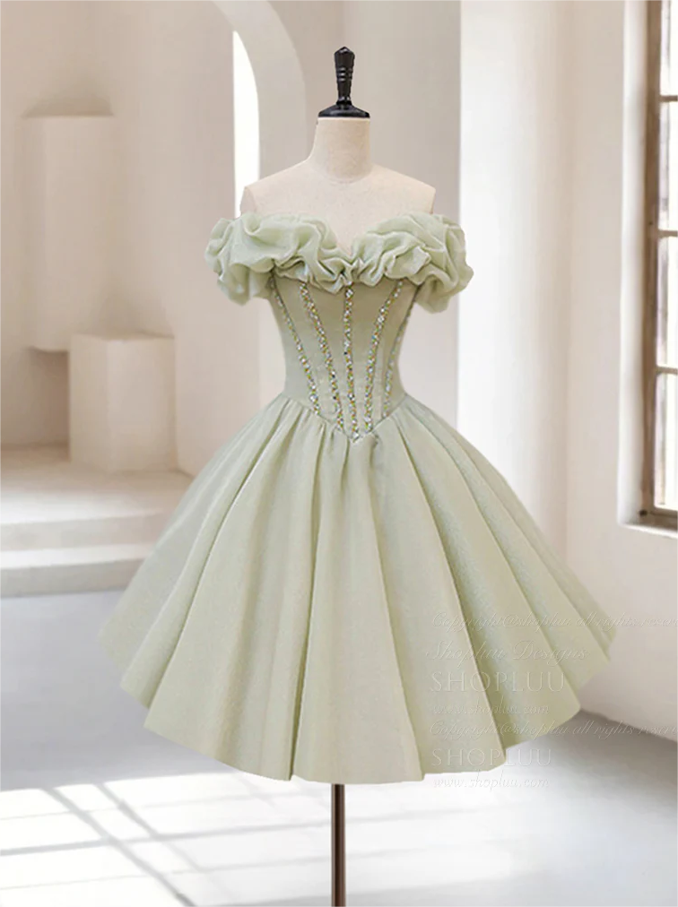 Homecoming Dress 2025, A-Line Off Shoulder Organza Green Short Prom Dress,cute Homecoming Dress with Beads