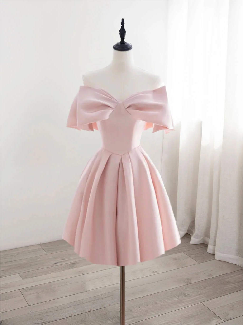 A-line Off Shoulder Satin Pink Short Prom Dress, Pink Homecoming Dress