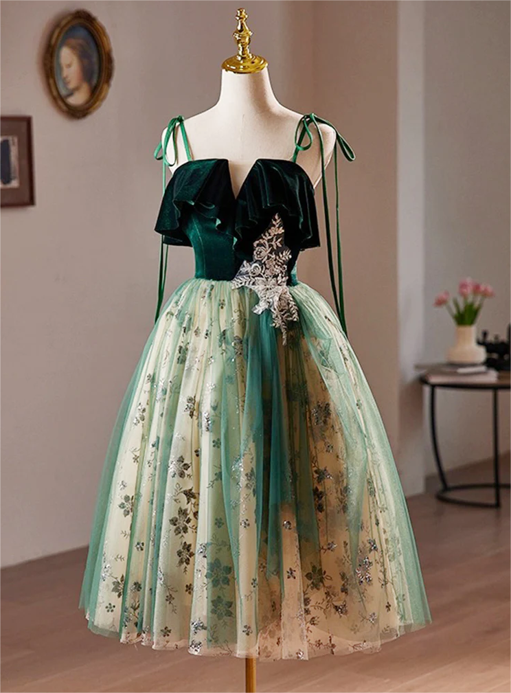 A-line Tulle Sequin Velvet Green Short Prom Dress, Green Homecoming Dress 2025