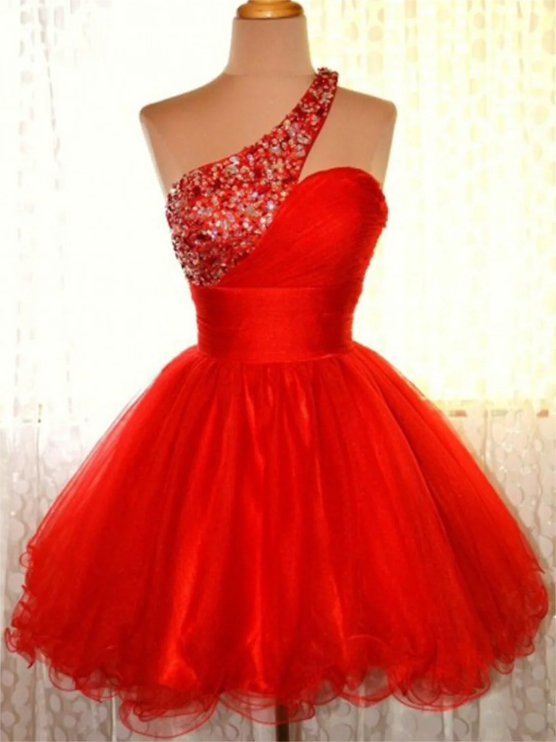 A-line Homecoming Dresses Holiday Short Mini Sleeveless One Shoulder Pink Dress Tulle With Sequin