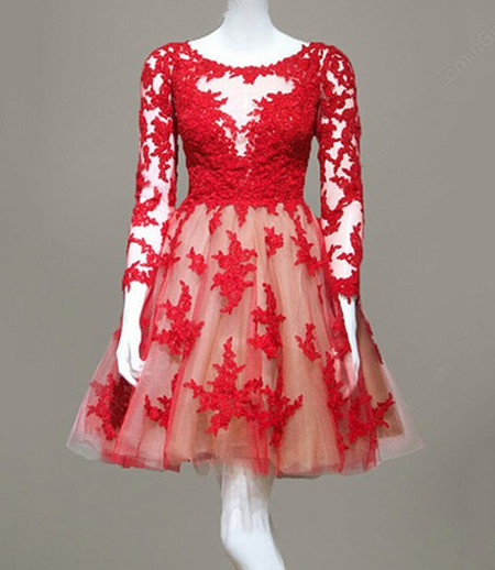 Real Made Red Lace O-neck Homecoming Dresses, Long Sleeve Graduation Dresses ,homecoming Dresses, Short/mini Homecoming Dress