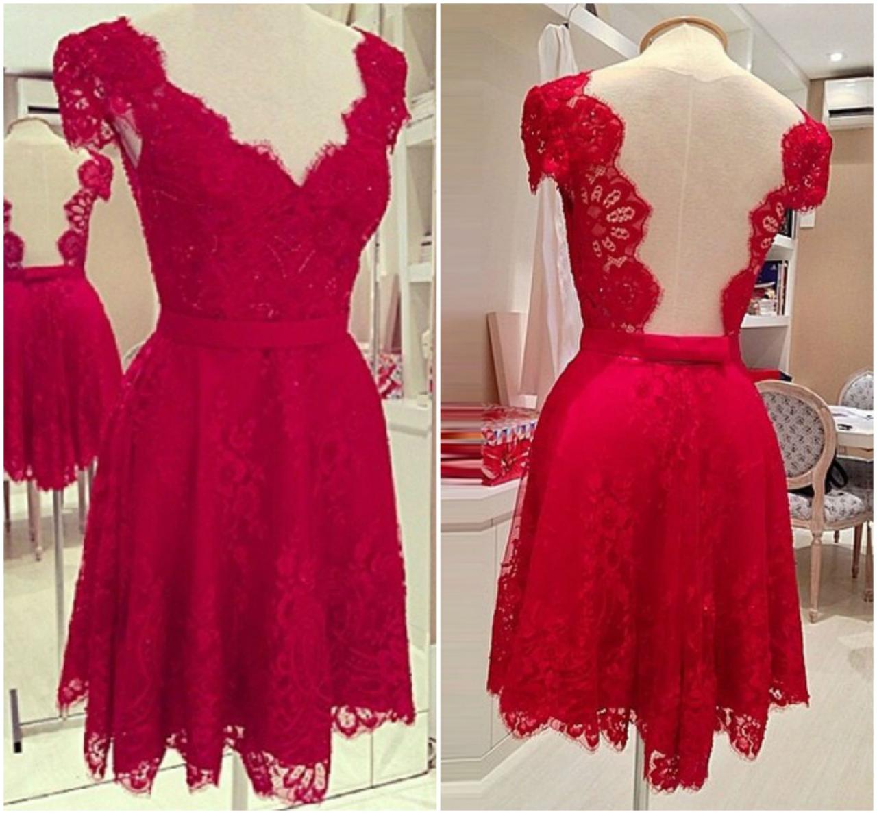 Elegant V Neck Low Back Red Lace Dress
