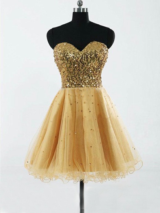 Fashion Sweetheart Gold Tulle And Sequins Short Dress Prom, Knee Length Sexy Evening Dress Short