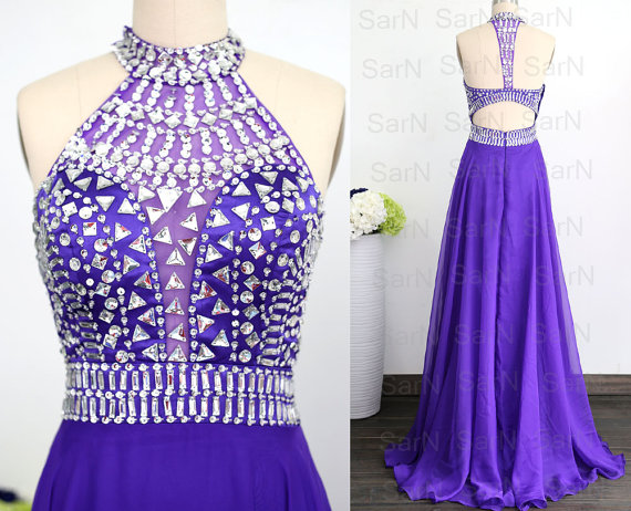 Purple Formal Gown, Chiffon Crystal Special Occasion Dresses, Crystal Prom Dresses ,halter With Crystals A Line Prom Gown