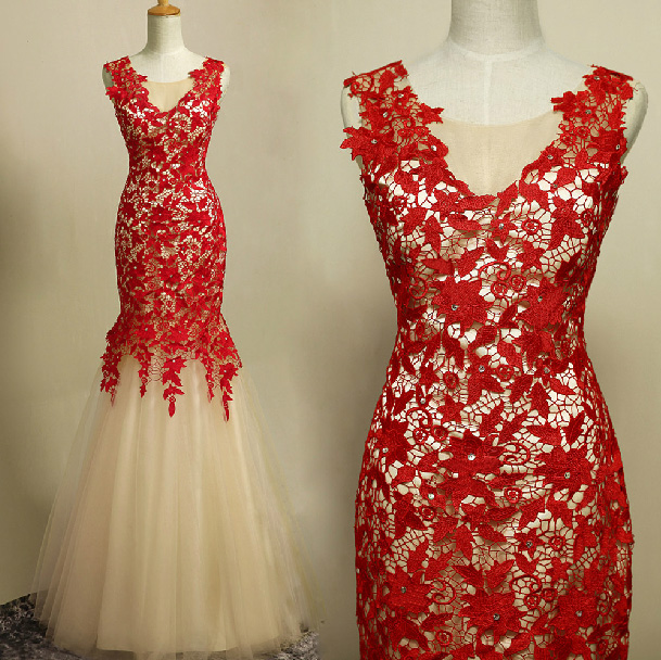 Red Lace Long Prom Dresses, Sexy Mermaid Evening Dresses ,2016 Sleeveless Floor Length Formal Dresses