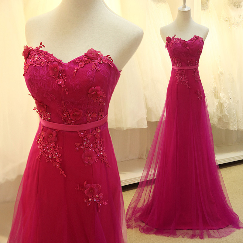 Pretty Rose-red Chiffon Long Prom Dress, With Applique Evening Gowns ,delicate Formal Dresses