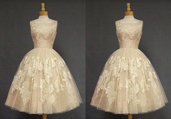 Tea Length Champagne Lace Wedding Party Dresse, Prom Dress