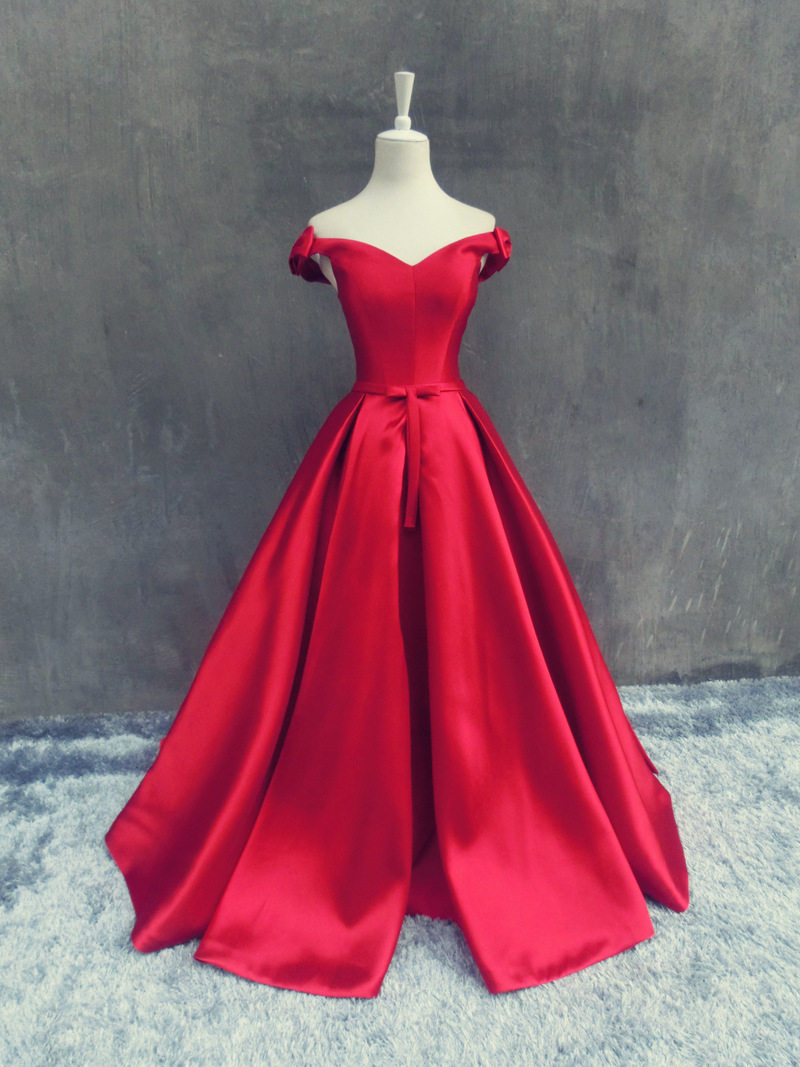 Red Elegant A-Line V-Neck Formal Party Dresses, 2016 Real Picture Floor Length Satin Evening Dresses