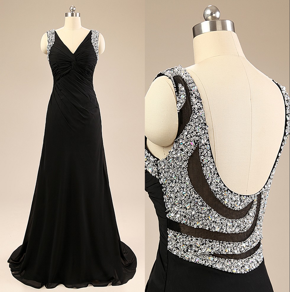 Elegant Black Long Chiffon Evening Dresses, A-line V-neck Backless Sequined Beaded Formal Party Dresses Women Gowns