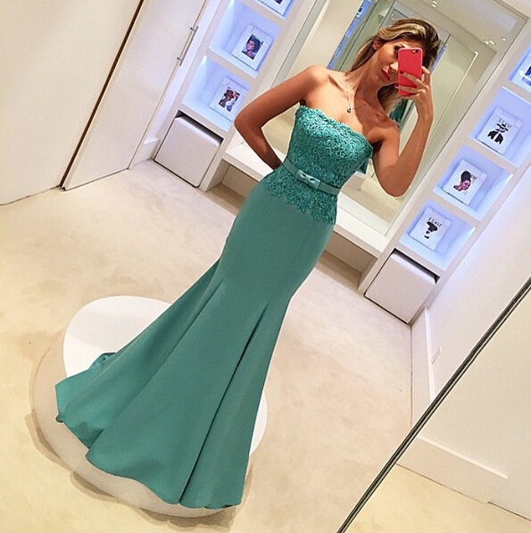 Strapless Lace Applique Mermaid Prom Dress, Long Evening Party Dresses, Formal Dress