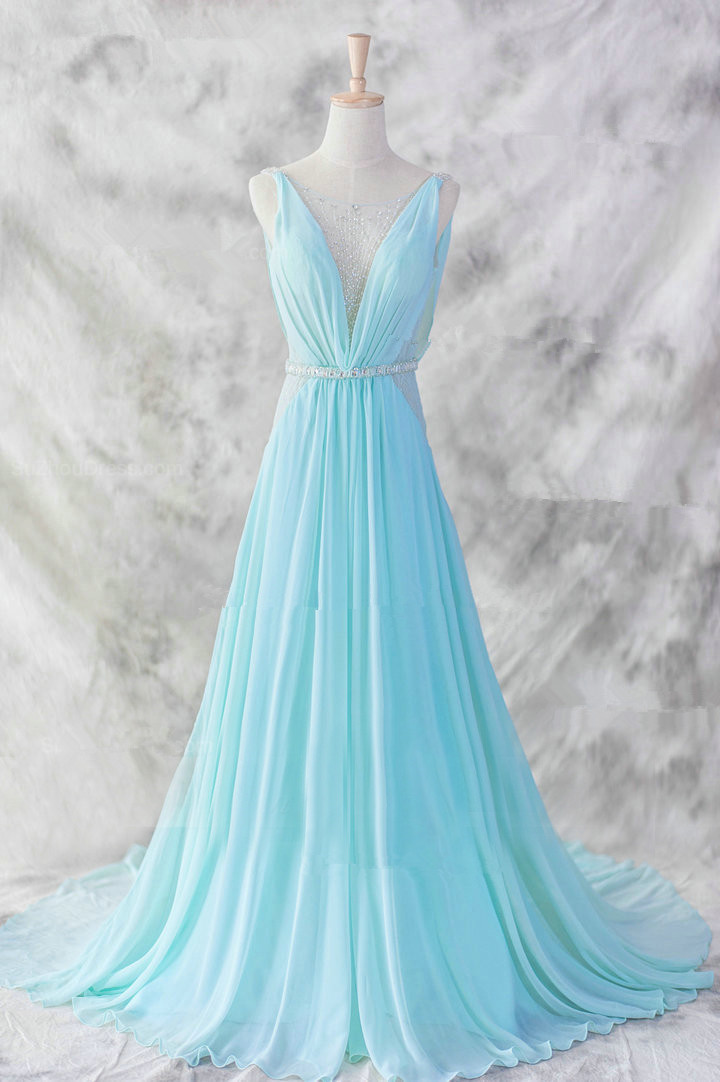 Pretty Baby Blue Chiffon Floor Length V-neckline Prom Gown ,2016 Baby Blue Evening Dresses ,2016 Blue Formal Dresses ,formal Dresses