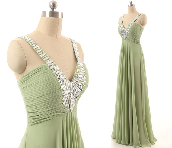 V-neck Green Long Prom Dress, A-line Floor Length Chiffon Prom Dress, Zipper Lace-up Bridesmaid Dresses, Prom Dresses, Long Chiffon Dresses