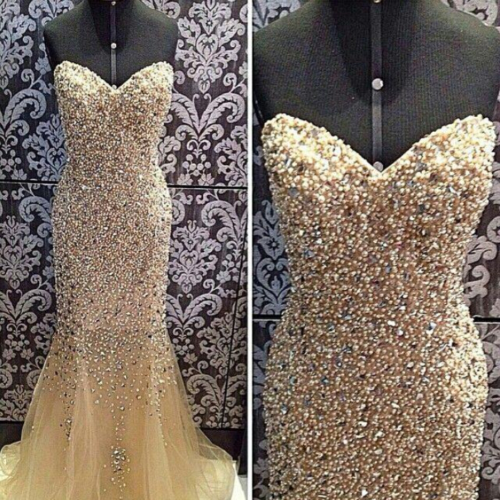 Gorgeous Champagne Mermaid Prom Dress, Sweetheart Evening Dresses, With Beading And Pearls