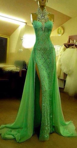 Custom Made Crystal Evening Dresses ,green High Neck Lace Prom Dresses, With Slit Sexy Mermaid Crystal Beaded Prom Dresses