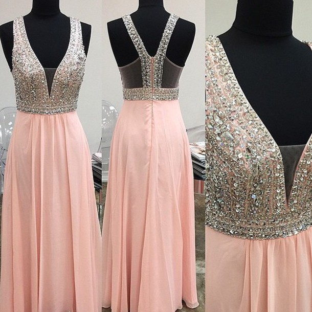 High Quality A-line Chiffon Sequined Prom Dres,s V-neck Beading Eveing Dresses, Backless Pink Prom Dress ,long Dresses, Party Dresses