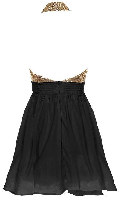 Short Black Chiffon Party Dress Featuring Gold Sequin Halter Neck ...