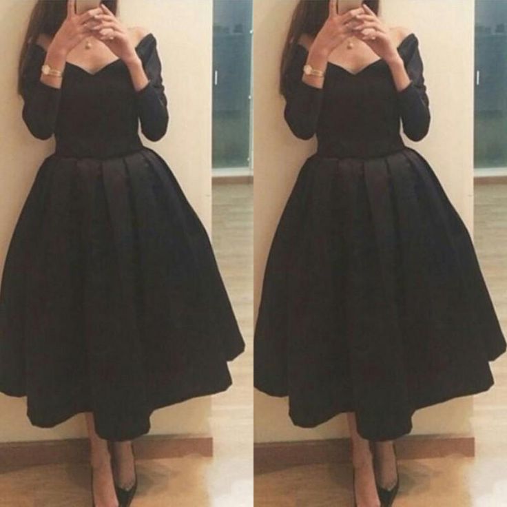 Pretty Off Shoulder Black Tea Length Formal Dresses Evening Dresses ...
