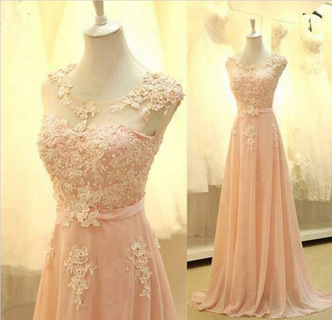 Pink A-line Long Evening Dresses, Chiffon O-neck Appliques Pearls Sashes Sleeveless Party Dresses, Floor-length Abendkleider Dinner Women Fashion