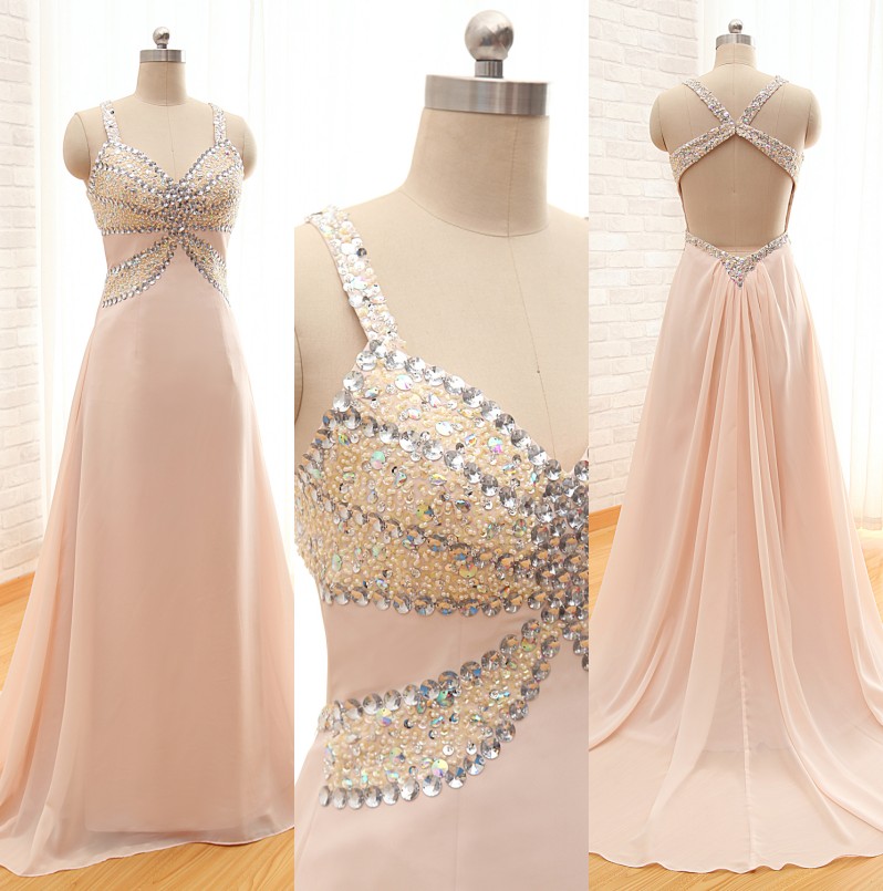 Custom Made Fashion Long Chiffon Prom Dresses, A-line Sweetheart Spaghetti Backless Evening Dresses ,with Sequined Beaded Prom Dresses