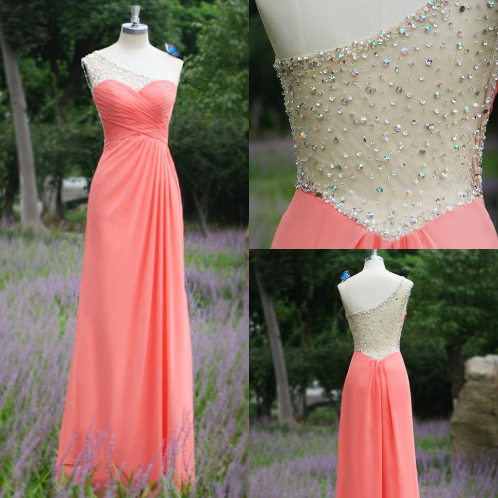 Real Images Charming Sheer A Line Long Chiffon Prom Dresses ,one Shoulder Sequin Beads Dresses 2016