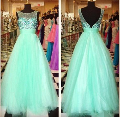 Real Image 2016 Sexy Green Prom Dresses, Crystals Formal Pageant Gowns, Backless Evening Party Dress, Tulle Beading Long Full Length
